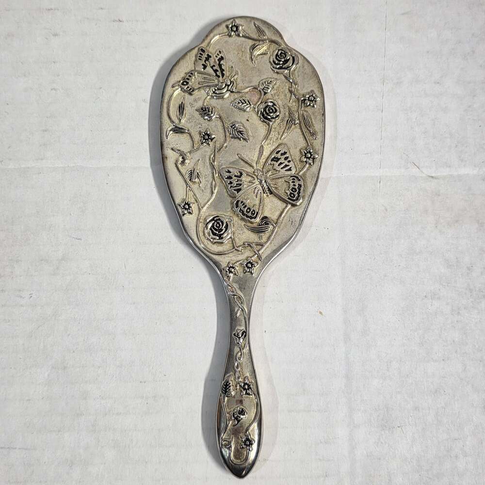 Vintage Silver-Tone Metal Ornate Vanity Hand Mirror with Butterflies and Roses